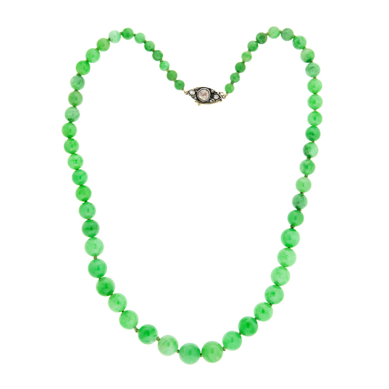 Victorian 14k/SS Jadeite Bead Necklace + Diamond Eye Clasp