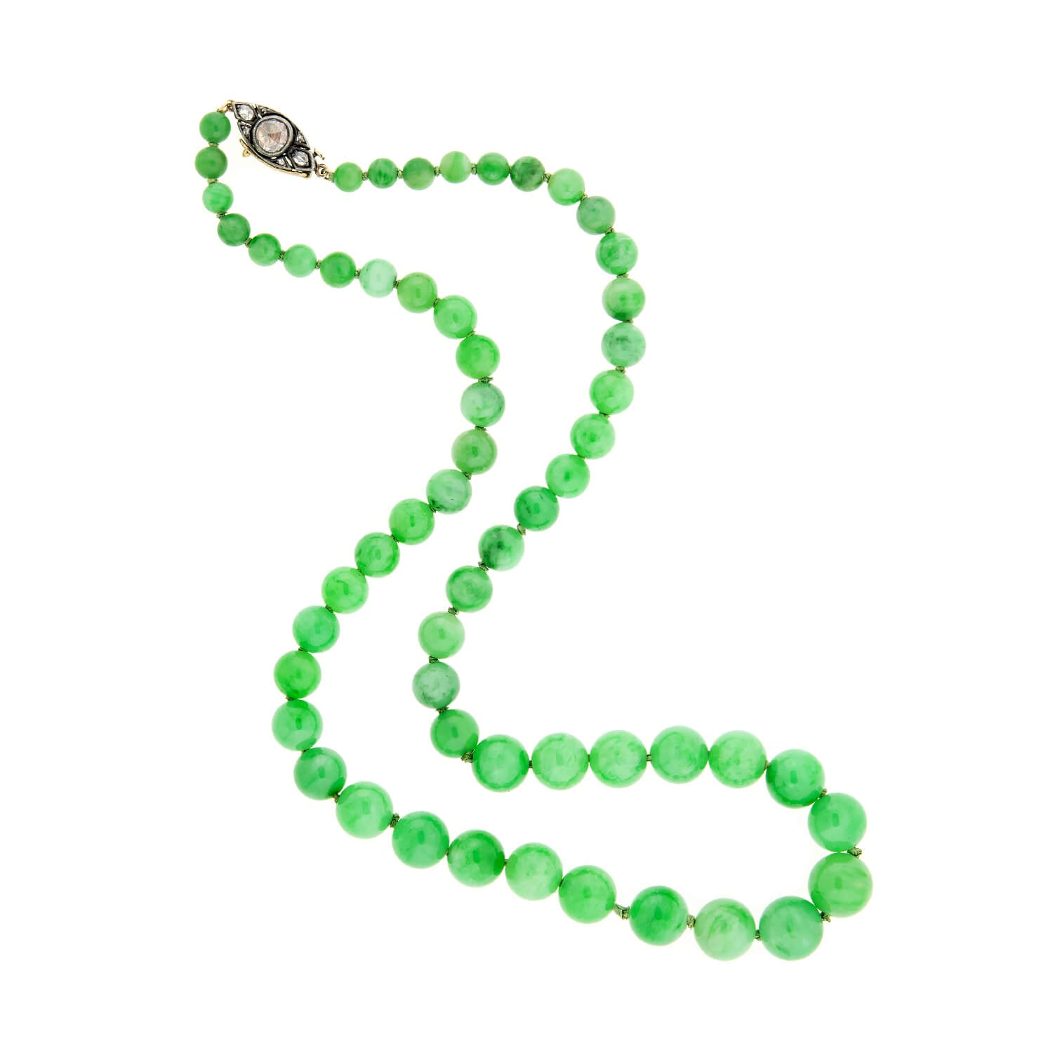 Victorian 14k/SS Jadeite Bead Necklace + Diamond Eye Clasp