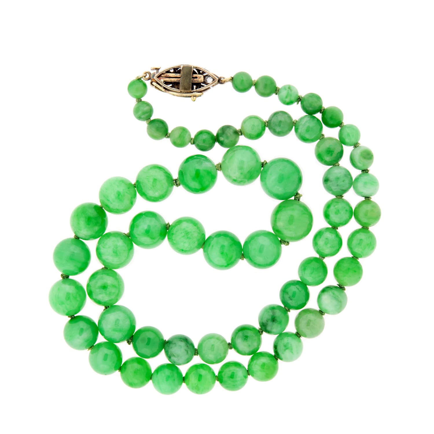 Victorian 14k/SS Jadeite Bead Necklace + Diamond Eye Clasp