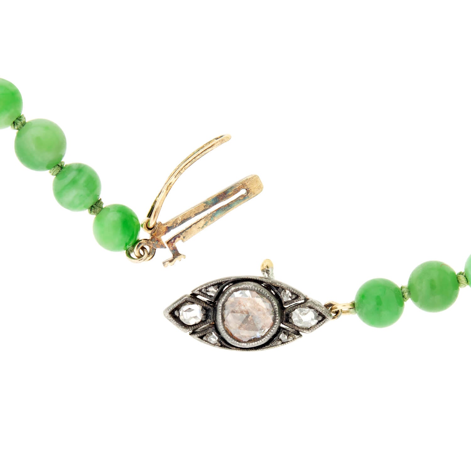 Victorian 14k/SS Jadeite Bead Necklace + Diamond Eye Clasp