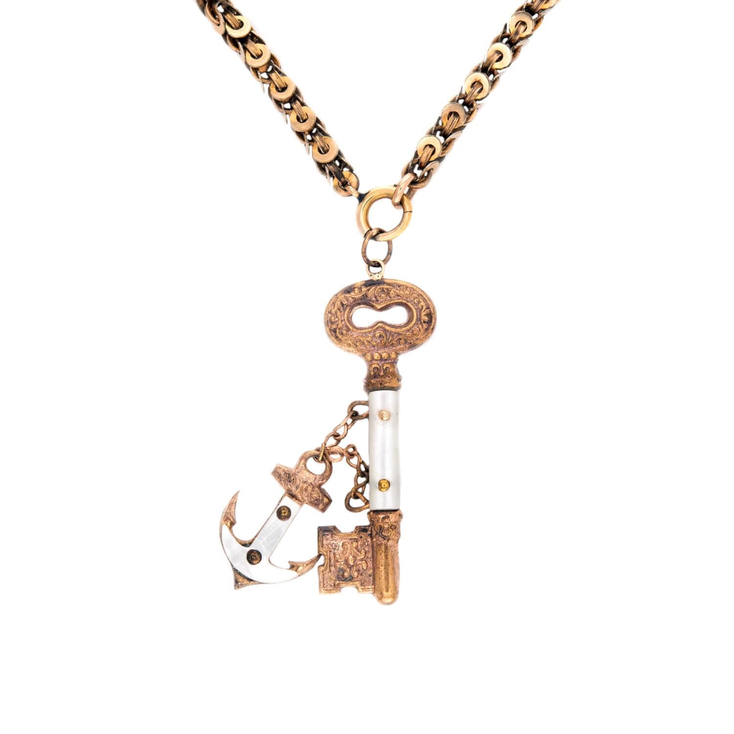 Victorian Gold-Filled Mother of Pearl Key & Anchor Pendant Necklace