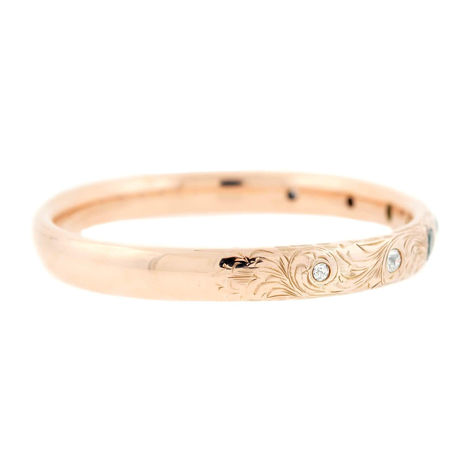 Late Victorian 14k Diamond and Emerald Doublet Etched Bangle Bracelet