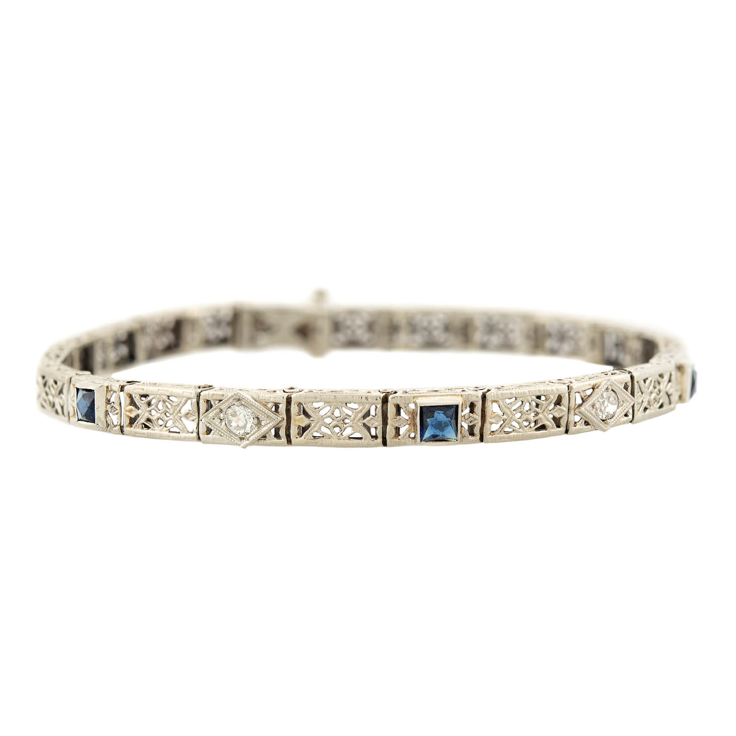 Art Deco 14k White gold Diamond & Sapphire Line Bracelet