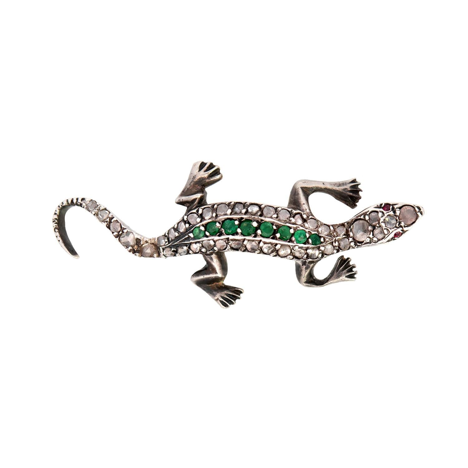 Victorian Sterling Silver Diamond and Emerald Salamander Pin