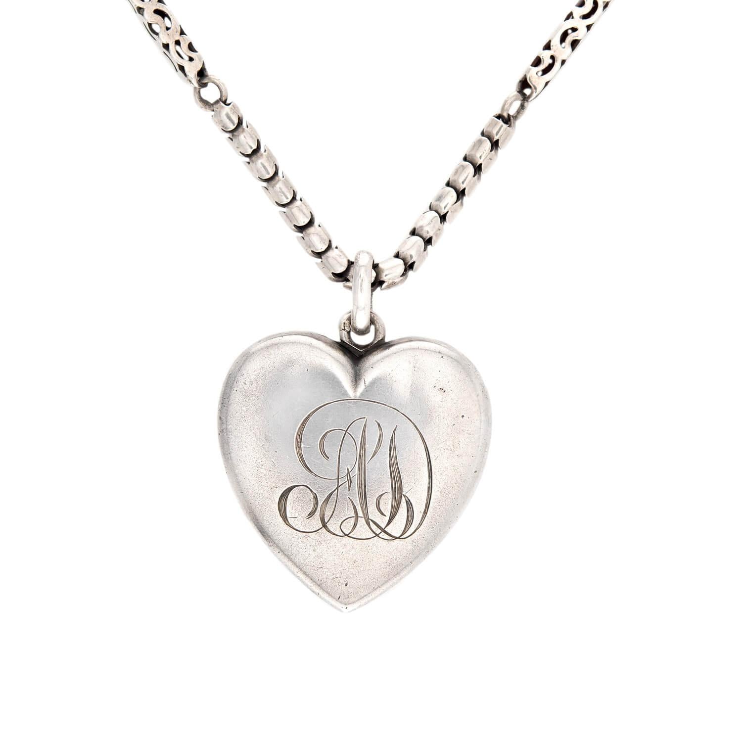 Victorian Sterling Silver Heart-Motif Locket Pendant Necklace