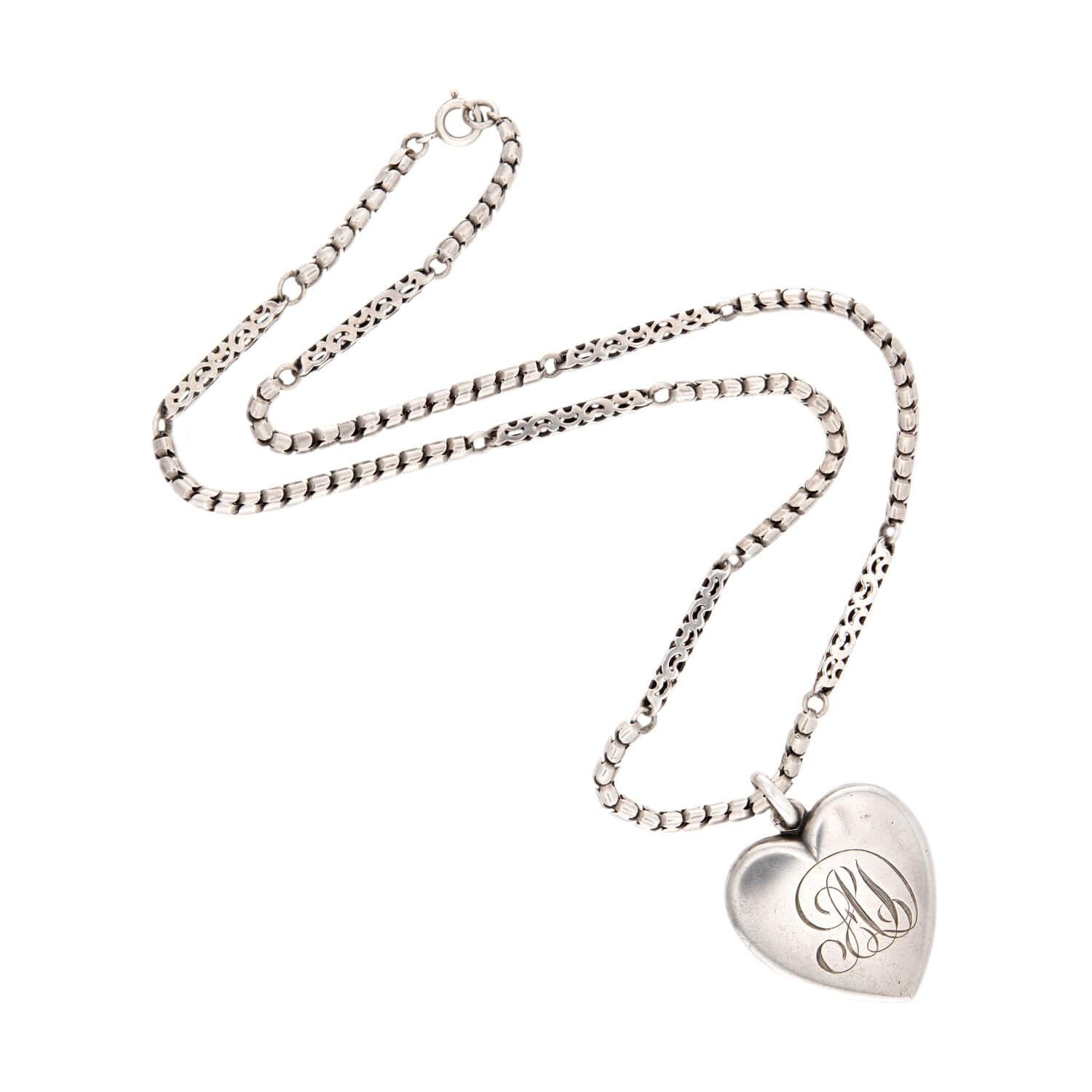Victorian Sterling Silver Heart-Motif Locket Pendant Necklace