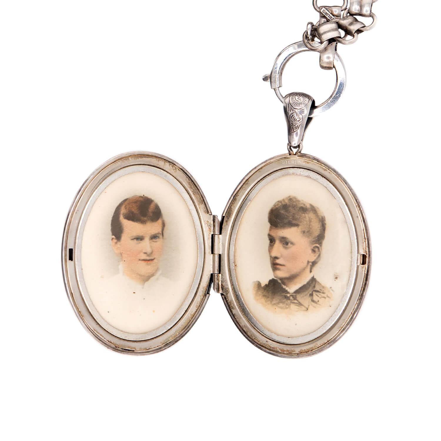 Victorian Sterling Silver Book Chain & Repoussé Locket Pendant Necklace