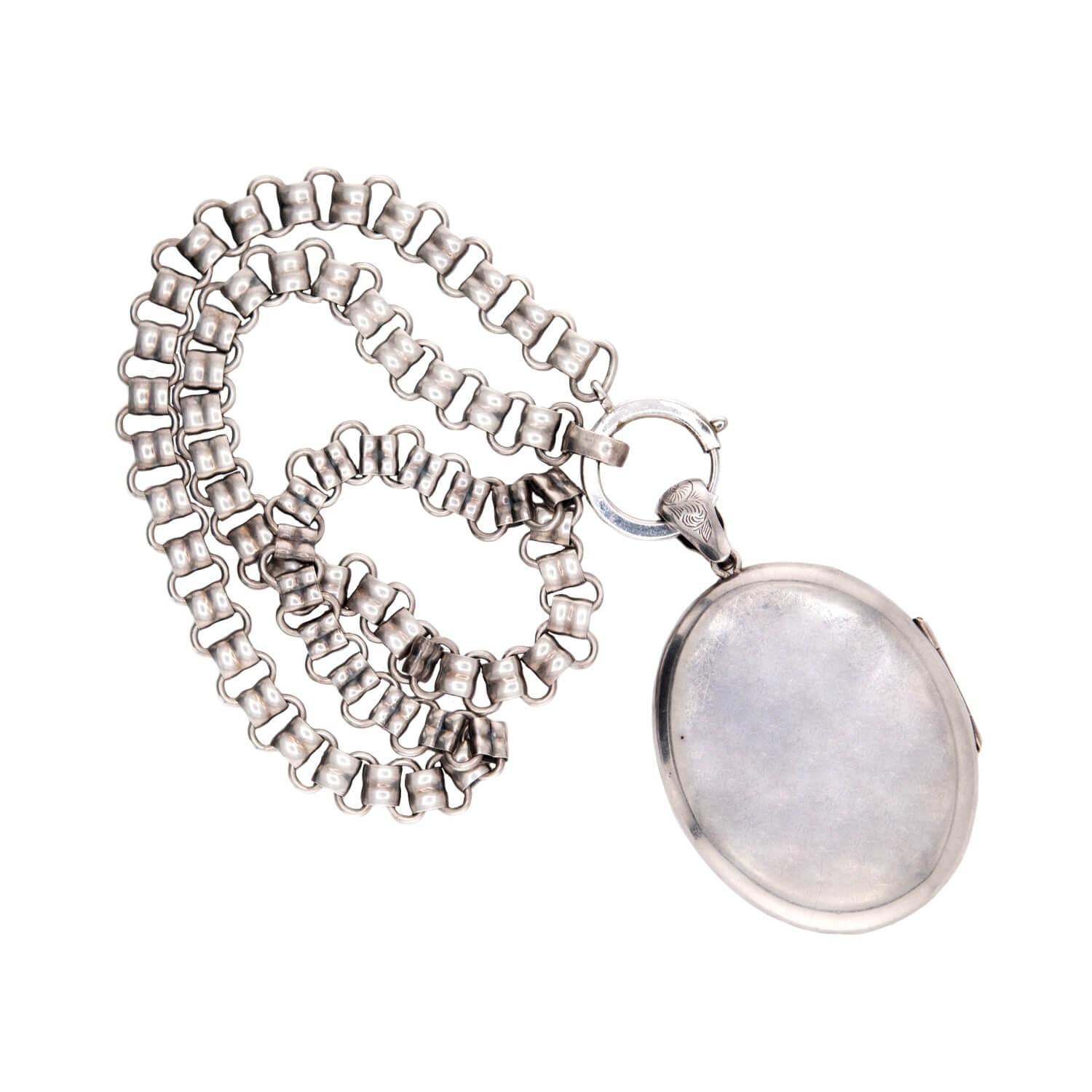 Victorian Sterling Silver Book Chain & Repoussé Locket Pendant Necklace