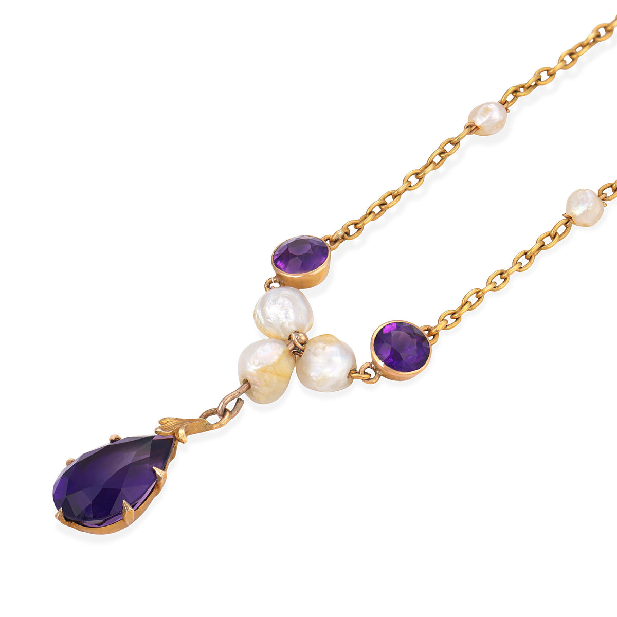 Art Nouveau 14k Amethyst & Pearl Festoon Necklace