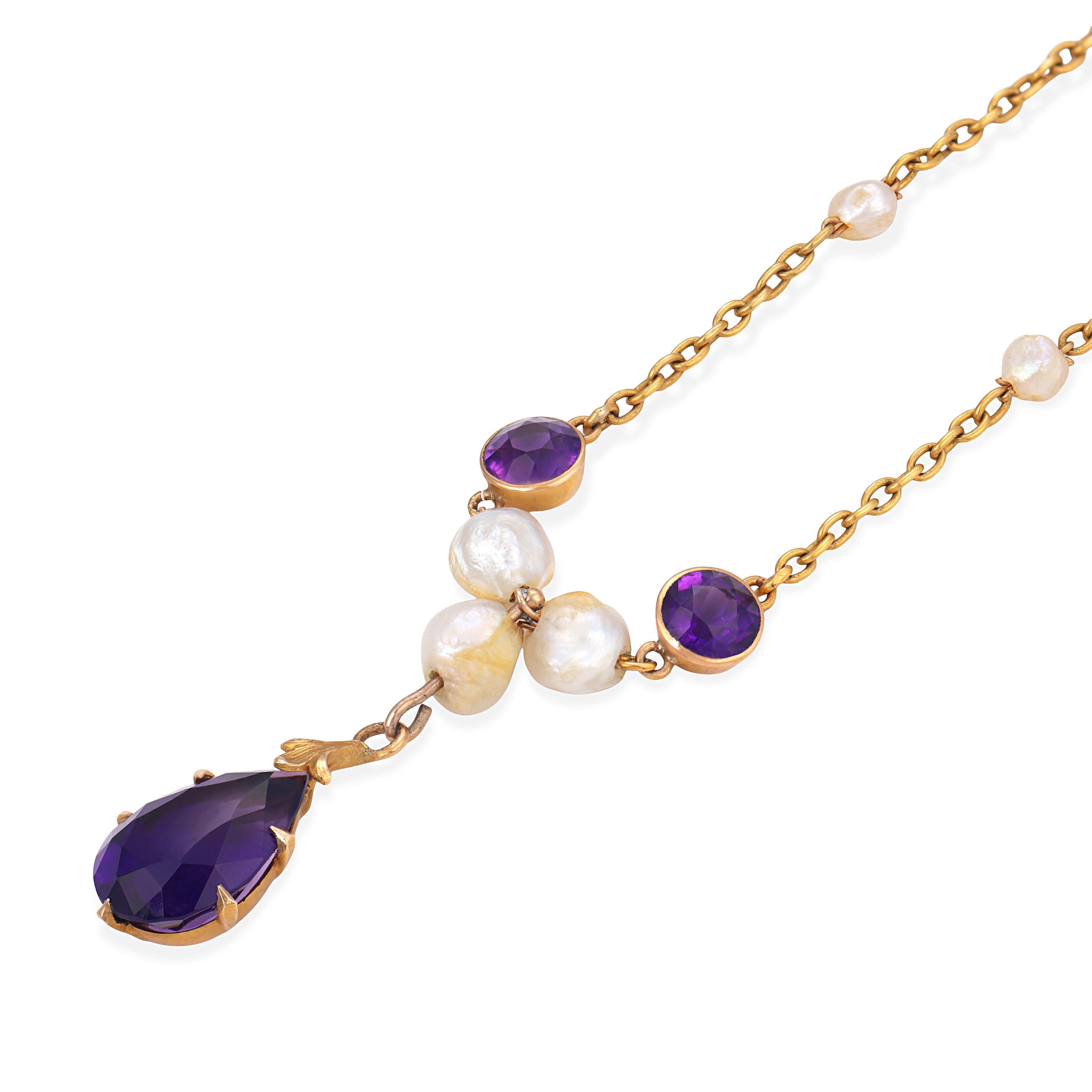 Art Nouveau 14k Amethyst & Pearl Festoon Necklace