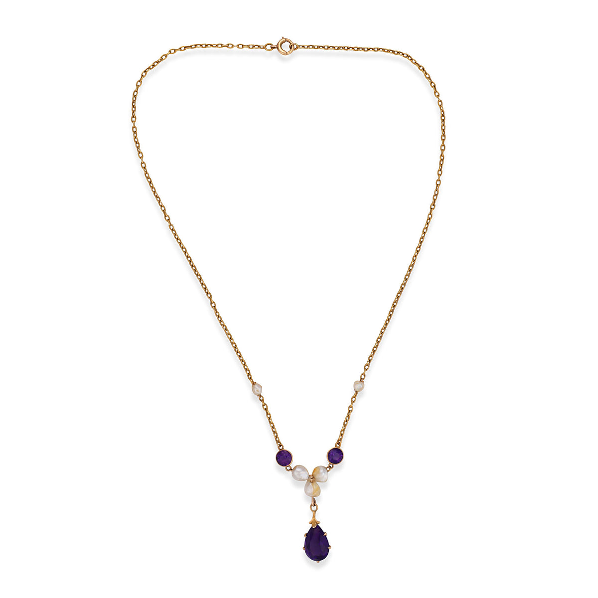 Art Nouveau 14k Amethyst & Pearl Festoon Necklace