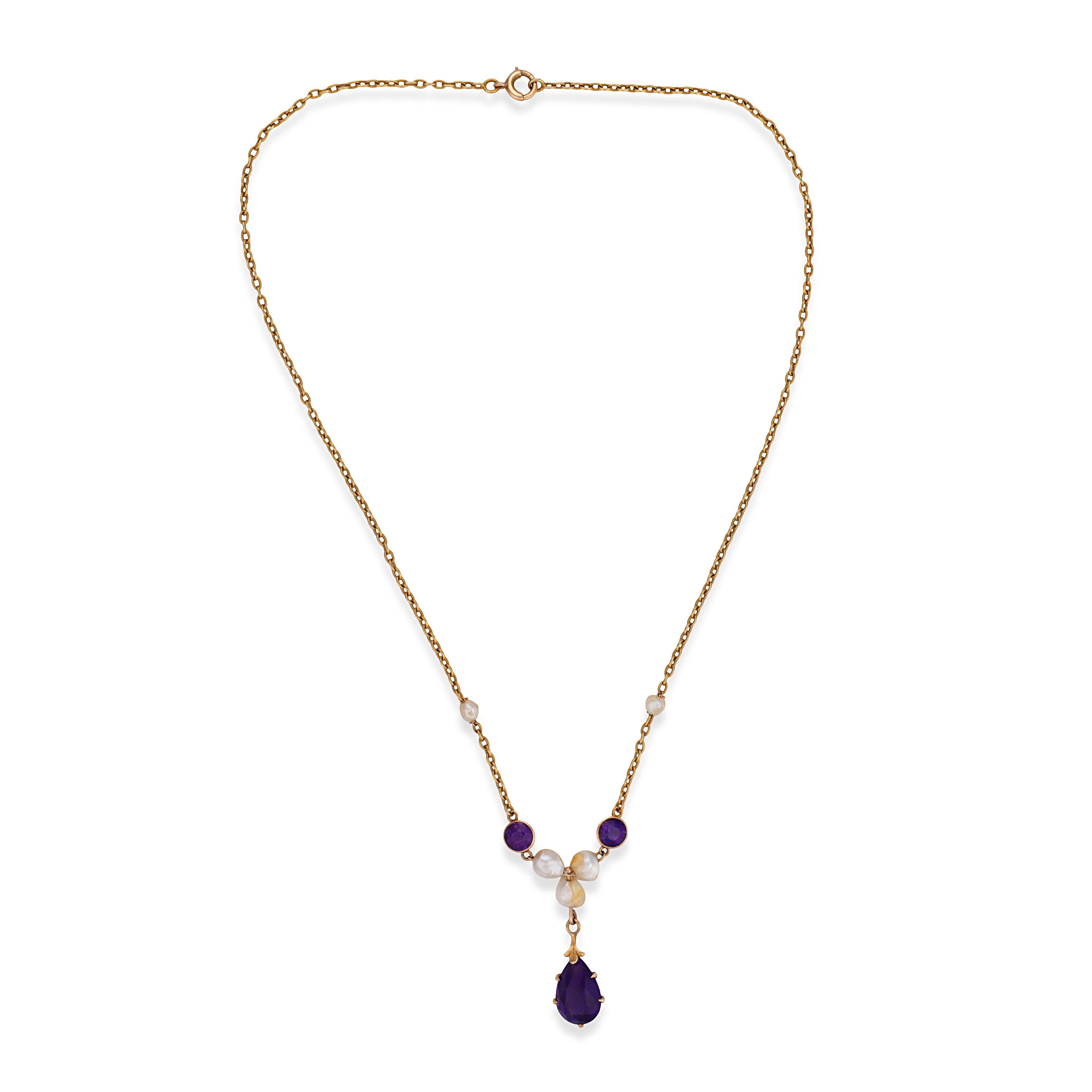 Art Nouveau 14k Amethyst & Pearl Festoon Necklace