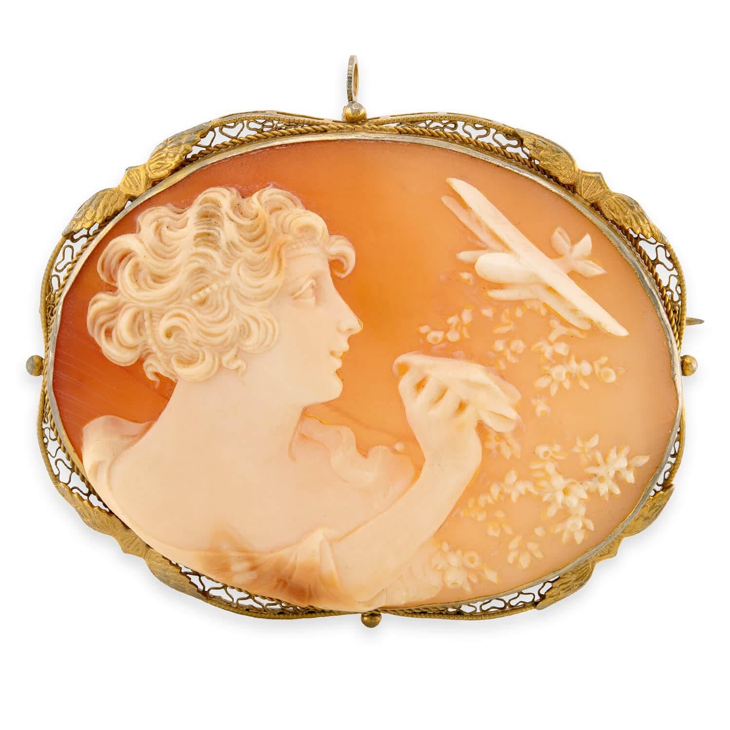 Art Nouveau 14k Cameo Lady & Airplane Motif Pin/Pendant