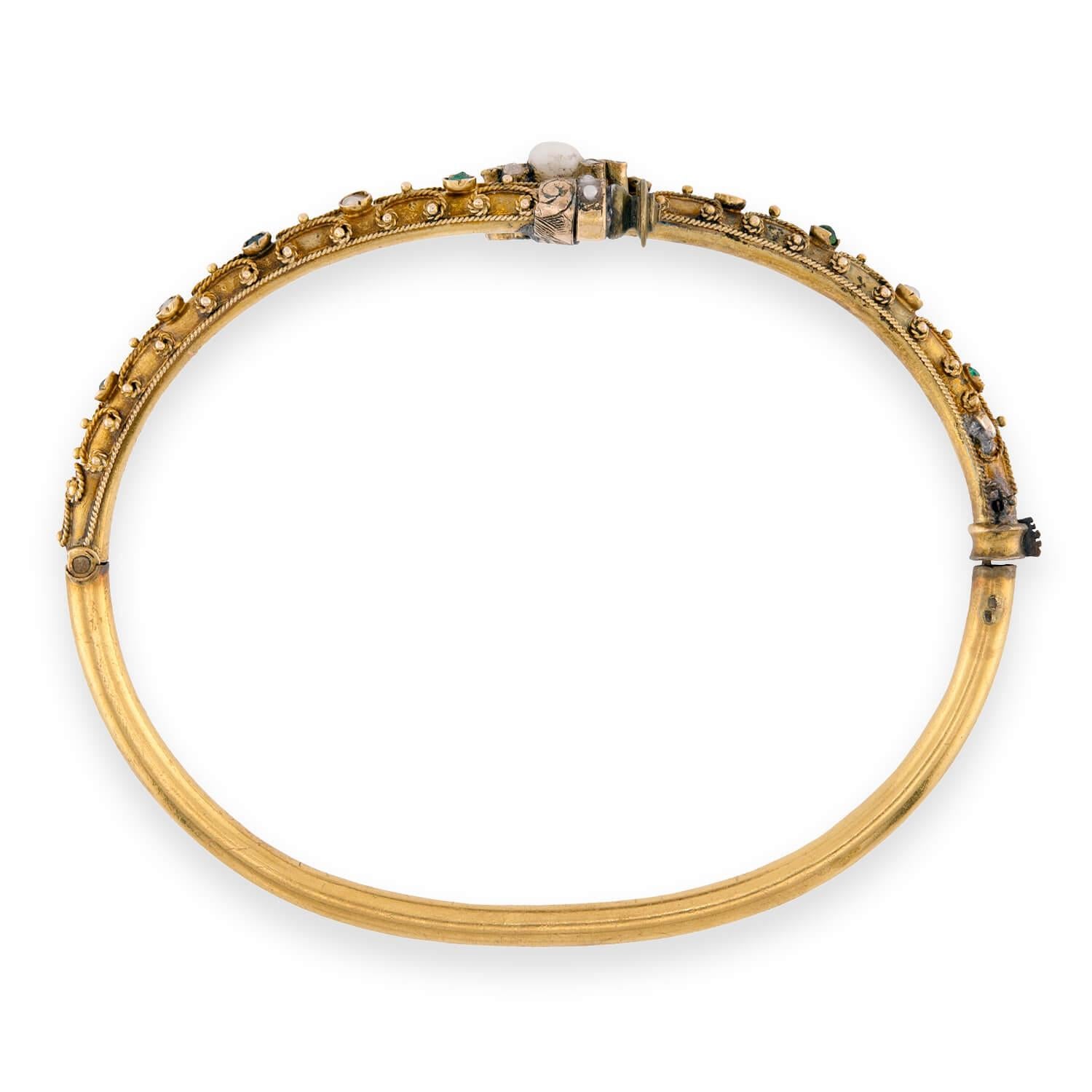 Victorian 18k Pearl, Diamond, & Emerald Etruscan Bangle