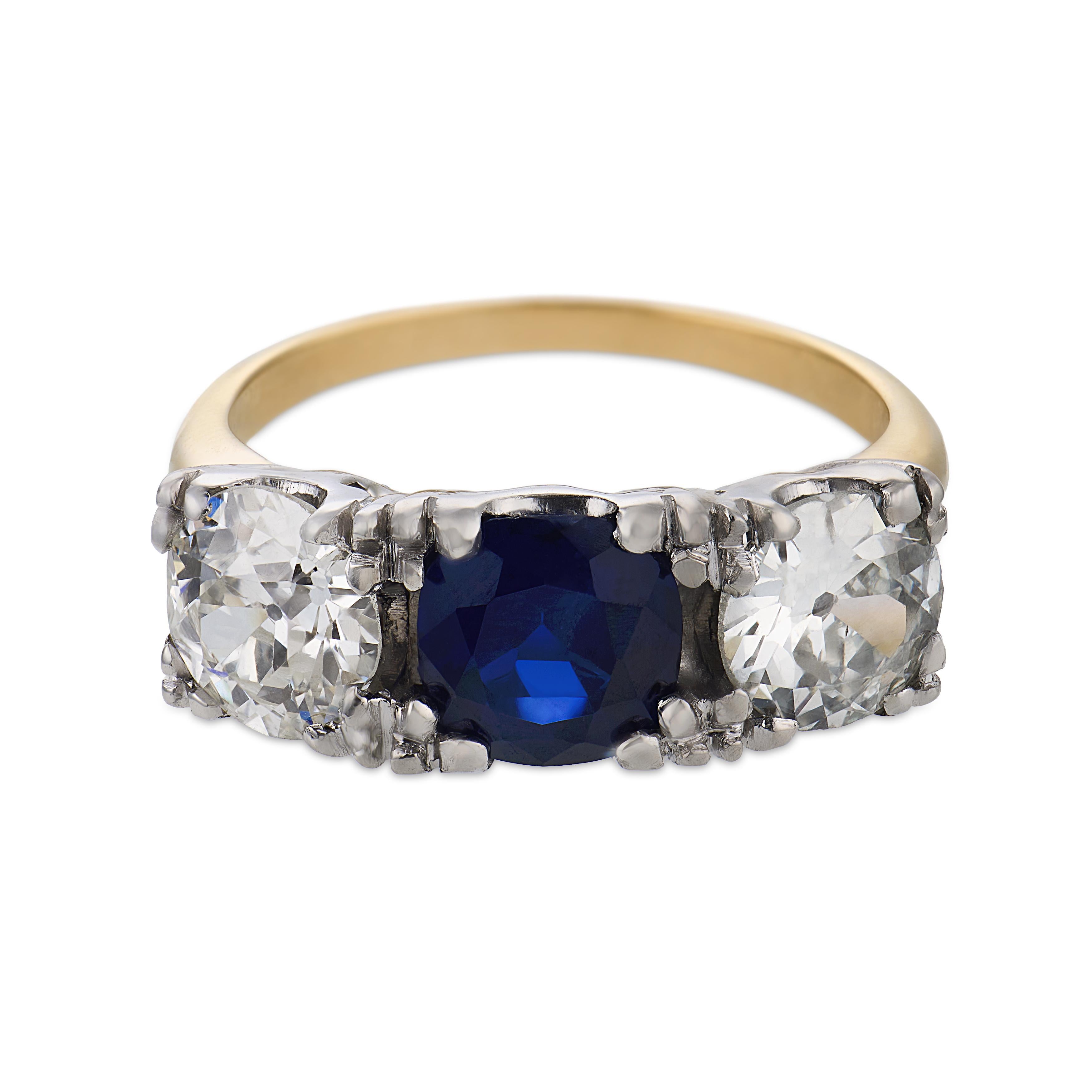 Art Deco 14k Sapphire & Diamond Three Stone Ring