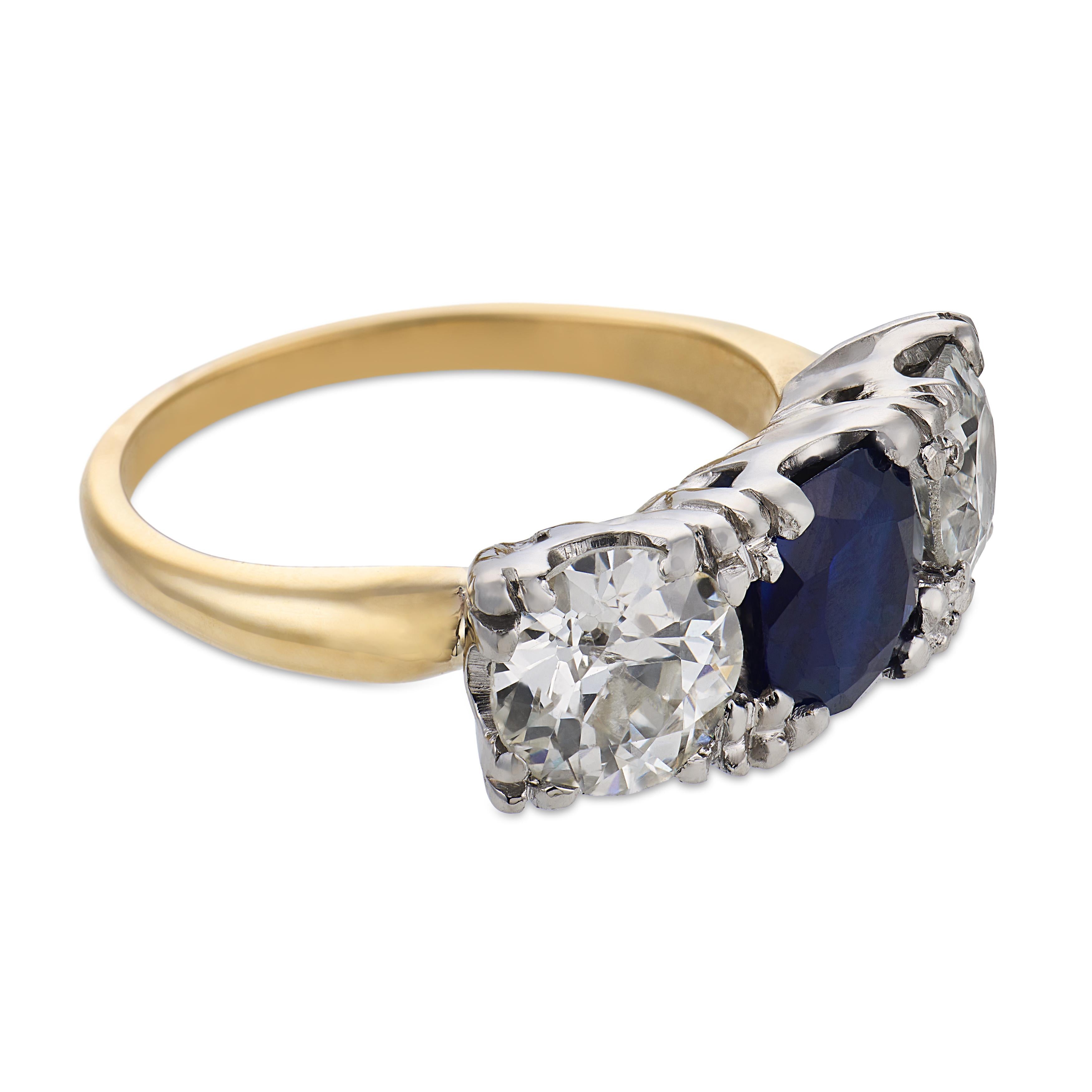 Art Deco 14k Sapphire & Diamond Three Stone Ring
