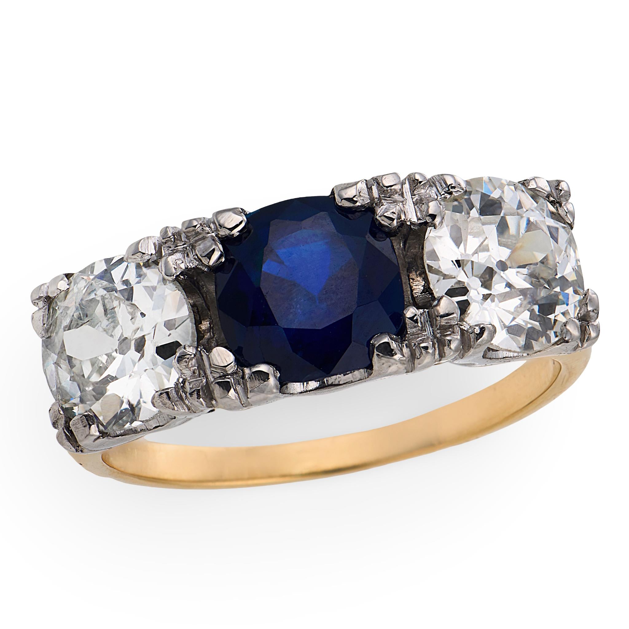 Art Deco 14k Sapphire & Diamond Three Stone Ring