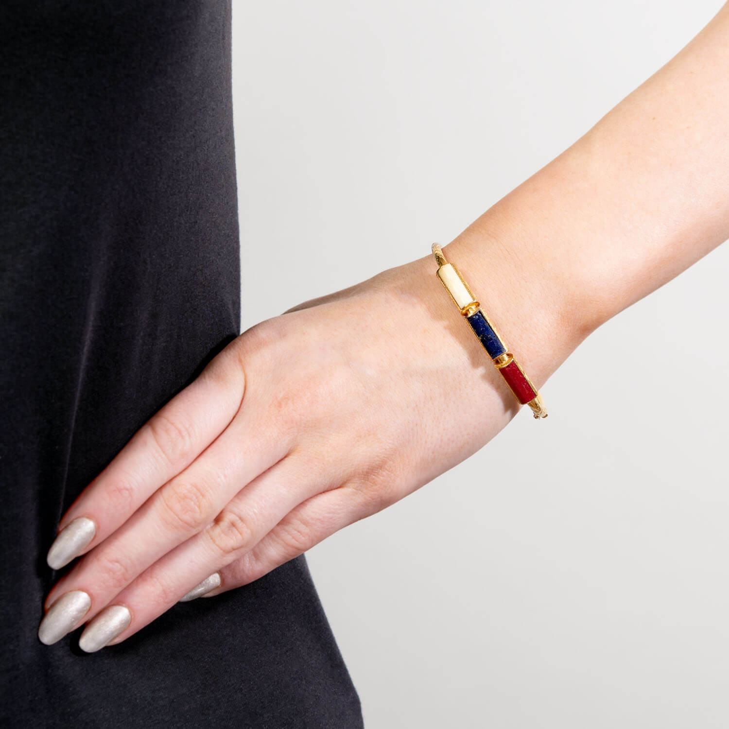 Art Deco 18k Bone, Lapis, and Jasper Bangle