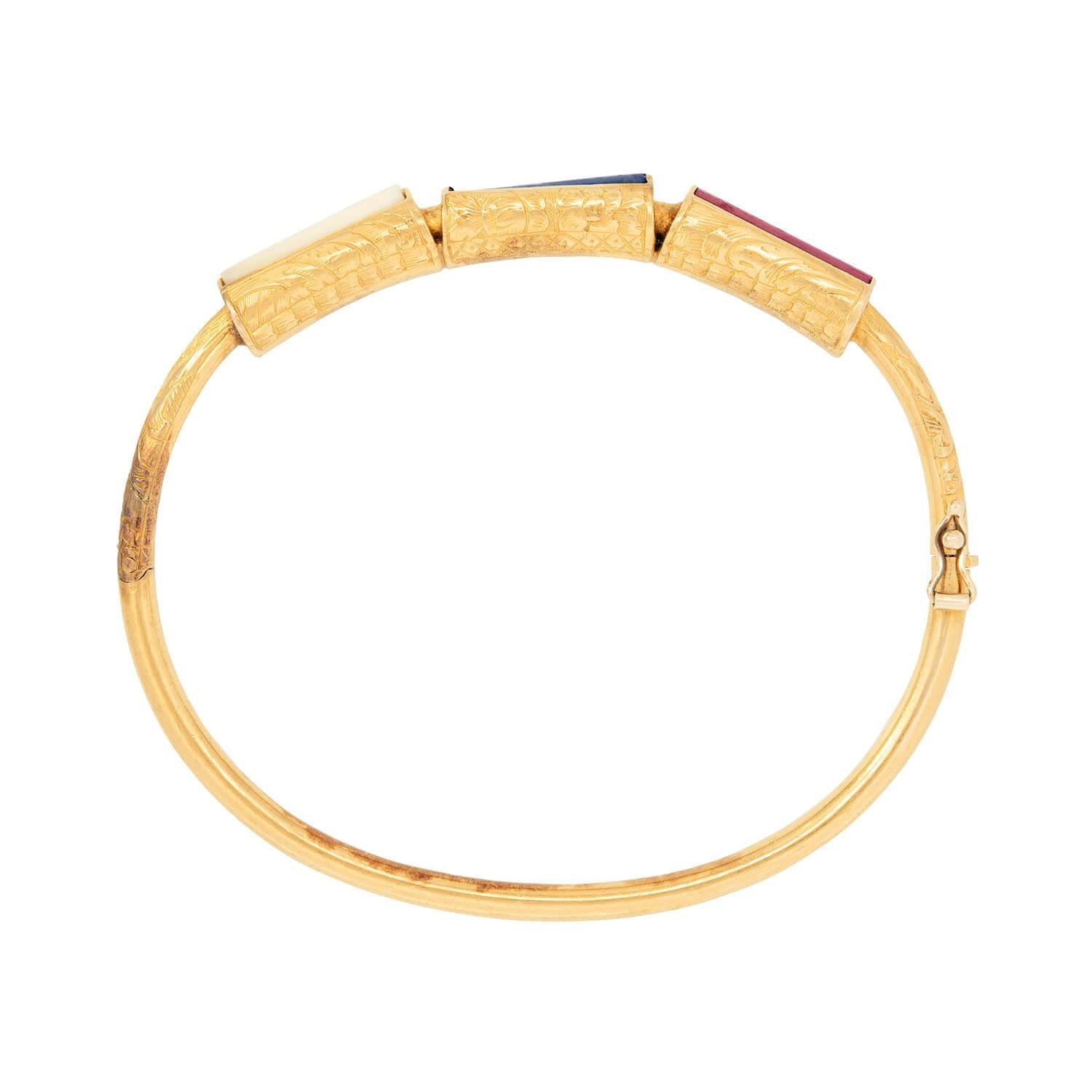 Art Deco 18k Bone, Lapis, and Jasper Bangle