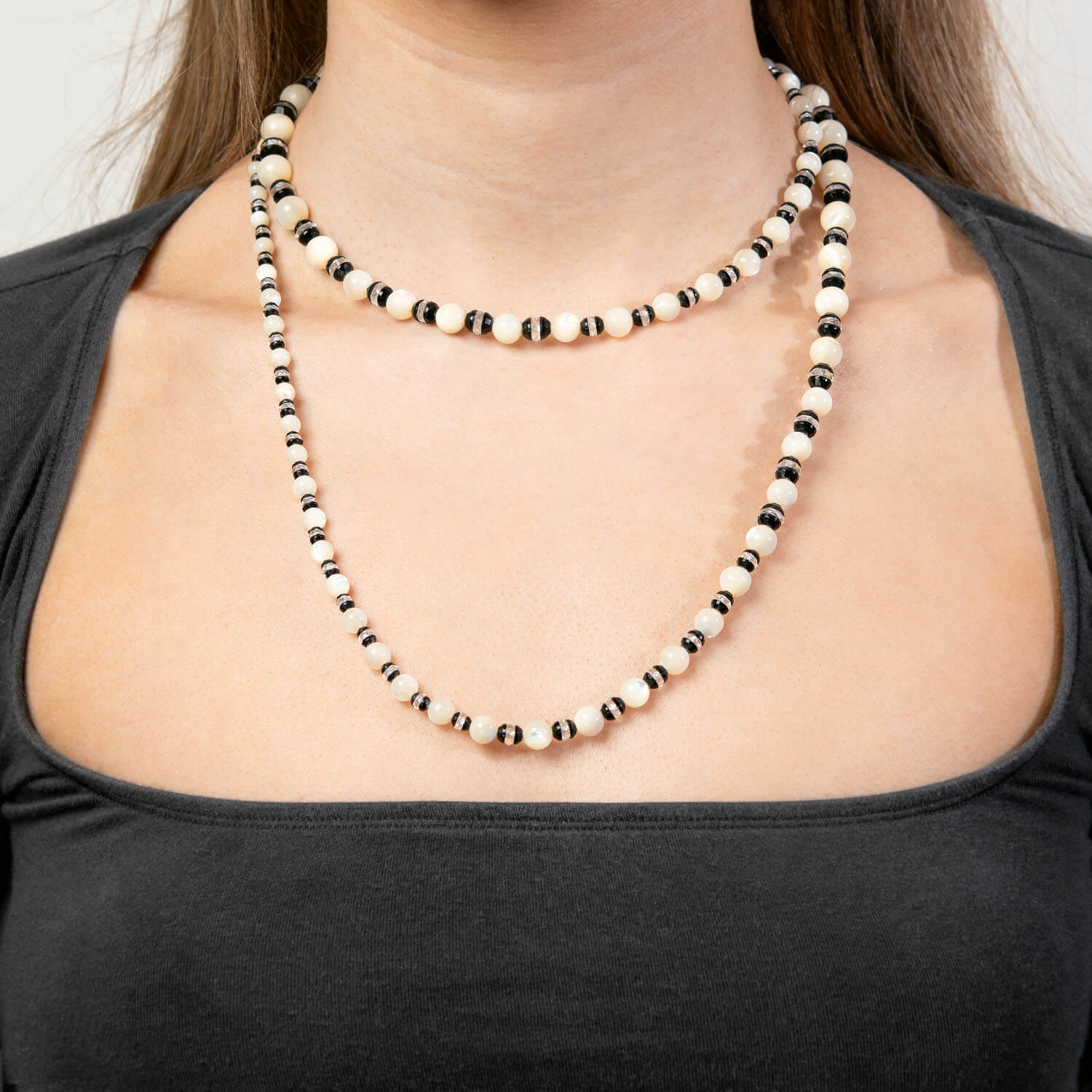 Art Deco Mother of. Pearl, Onyx, & Rock Quartz Crystal Bead Necklace