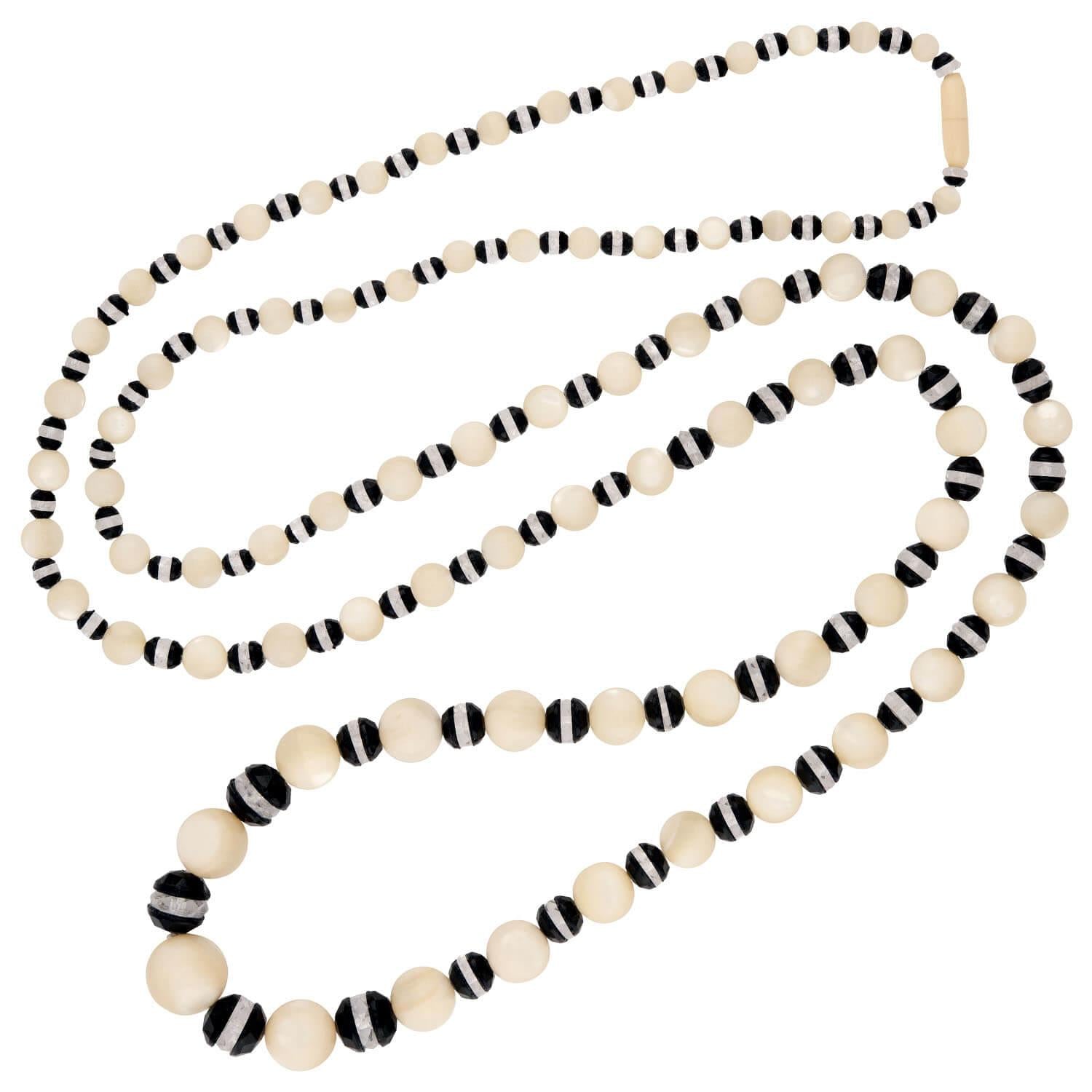 Art Deco Mother of. Pearl, Onyx, & Rock Quartz Crystal Bead Necklace