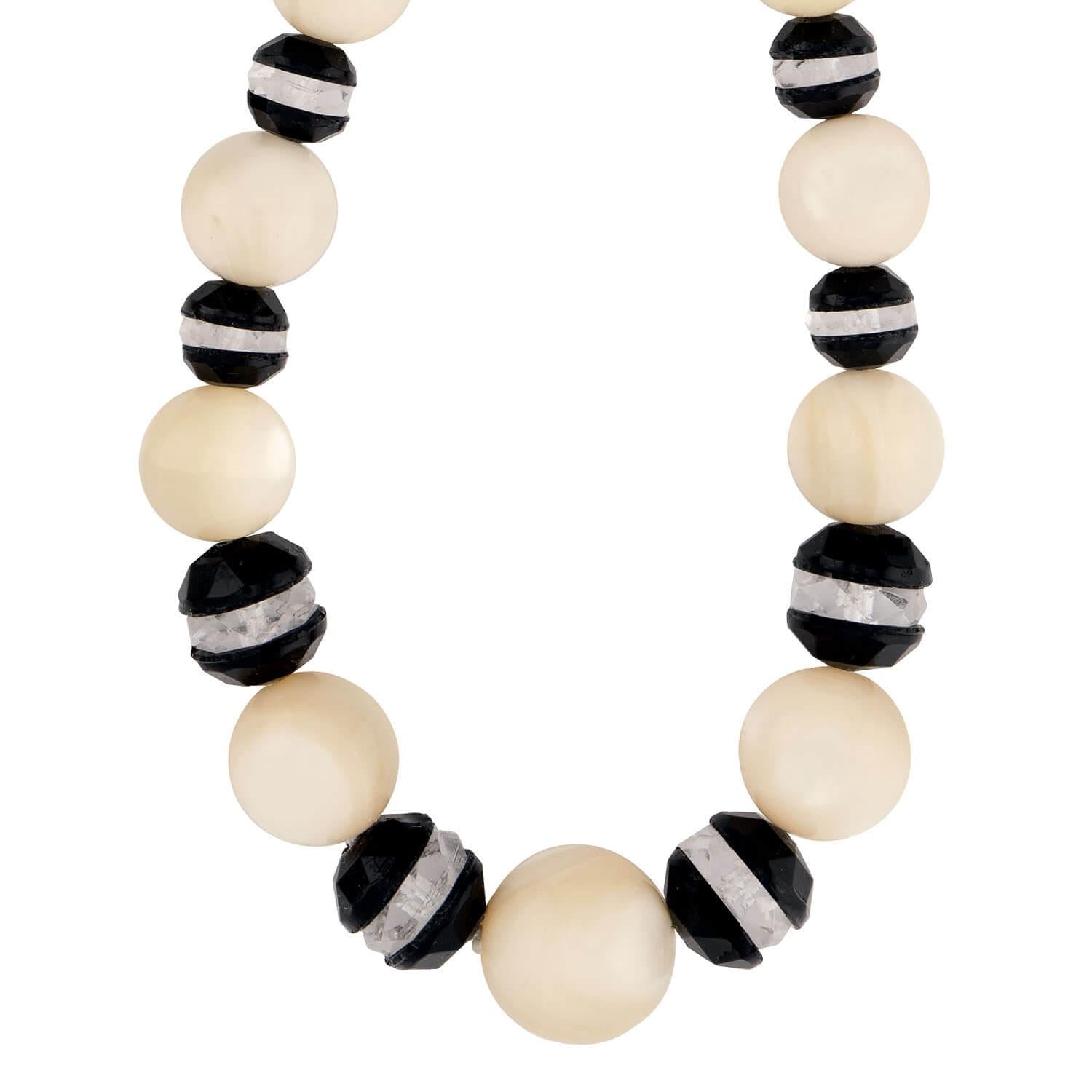Art Deco Mother of. Pearl, Onyx, & Rock Quartz Crystal Bead Necklace