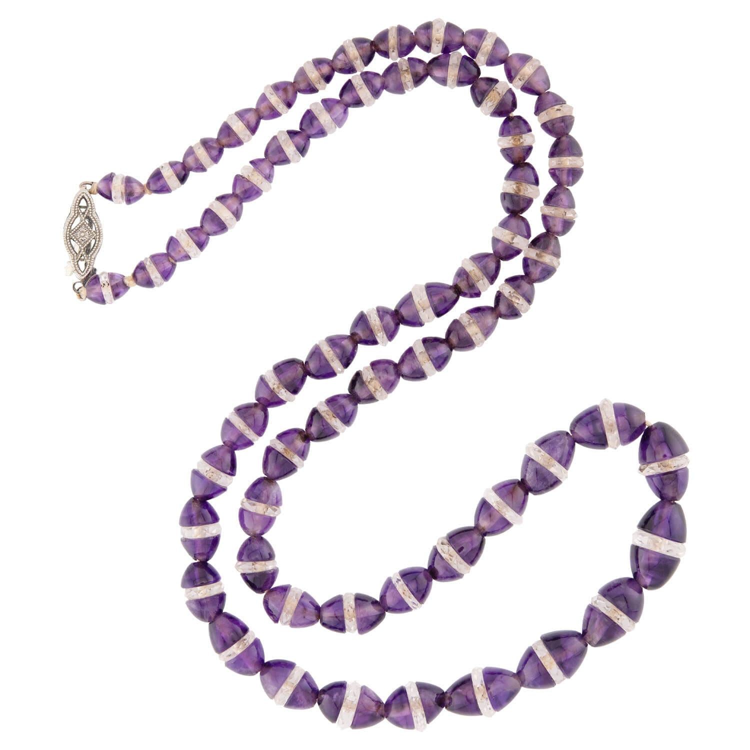 Art Deco 18k Amethyst and Rock Quartz Crystal Rondelle Bead Necklace