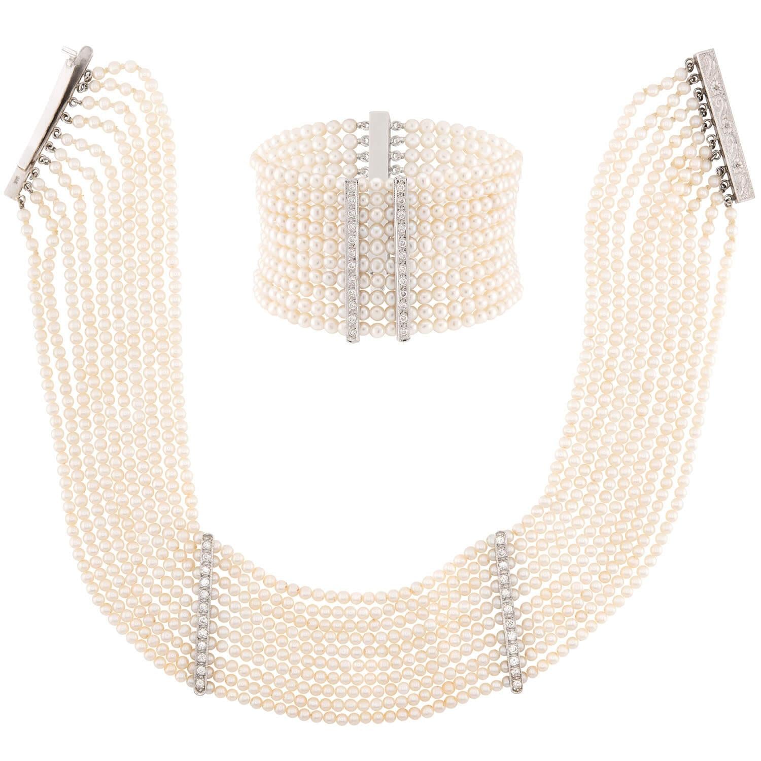 Estate 14k Pearl and Diamond Choker and Bracelet Set