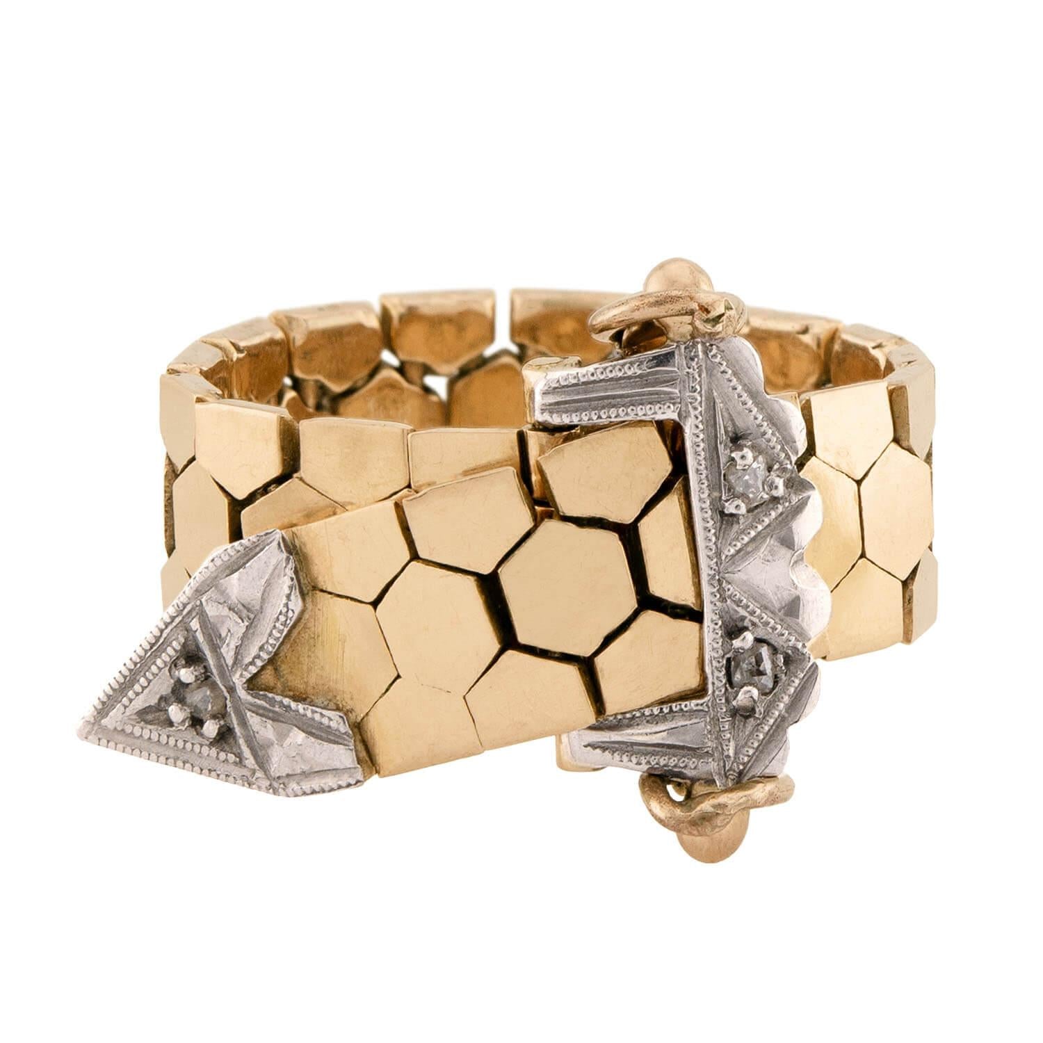 Retro 14k Diamond Adjustable Buckle Ring