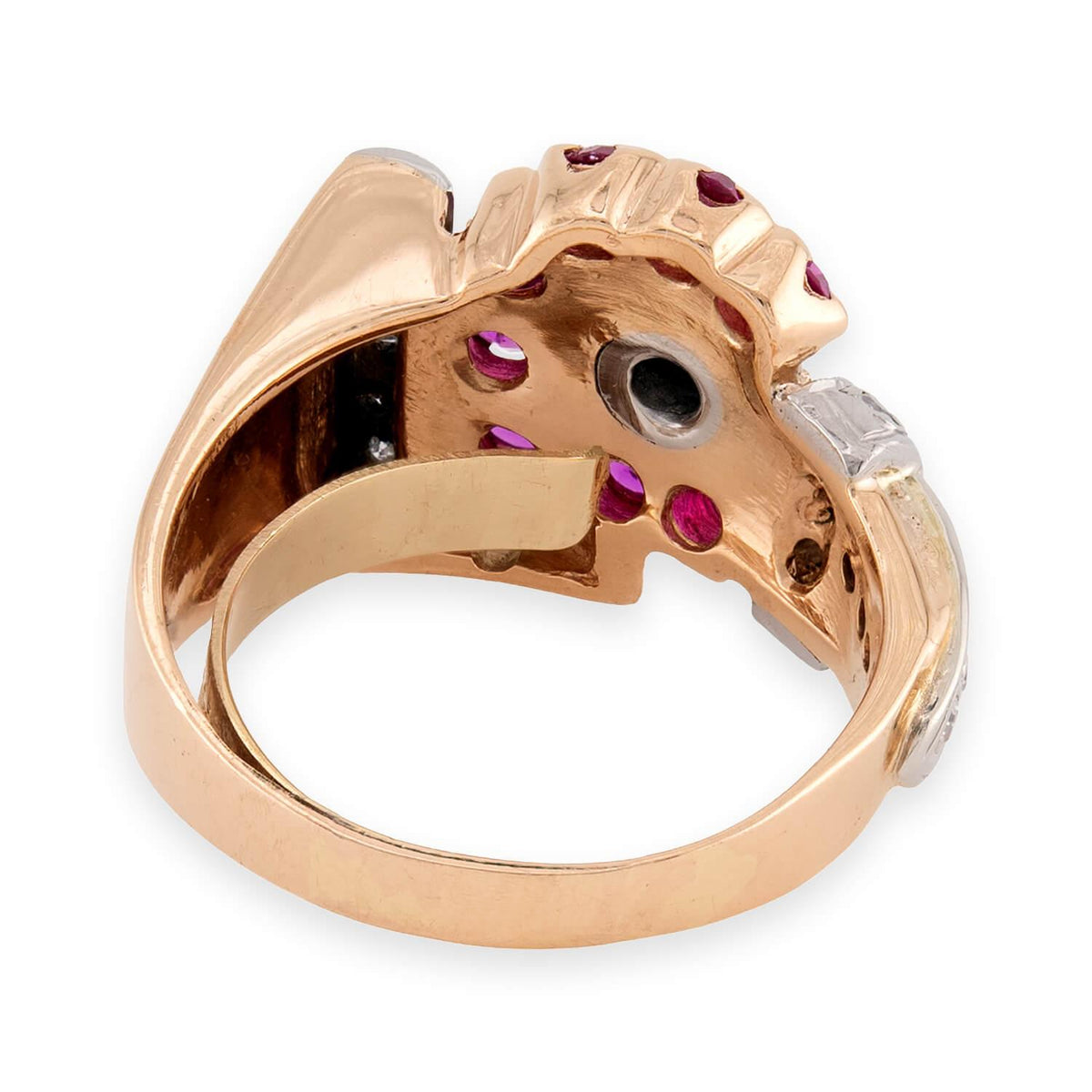 Retro 14k/Platinum Diamond & Ruby Buckle Ring