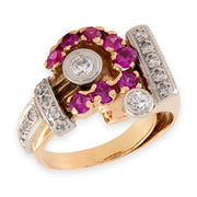 Retro 14k/Platinum Diamond & Ruby Buckle Ring