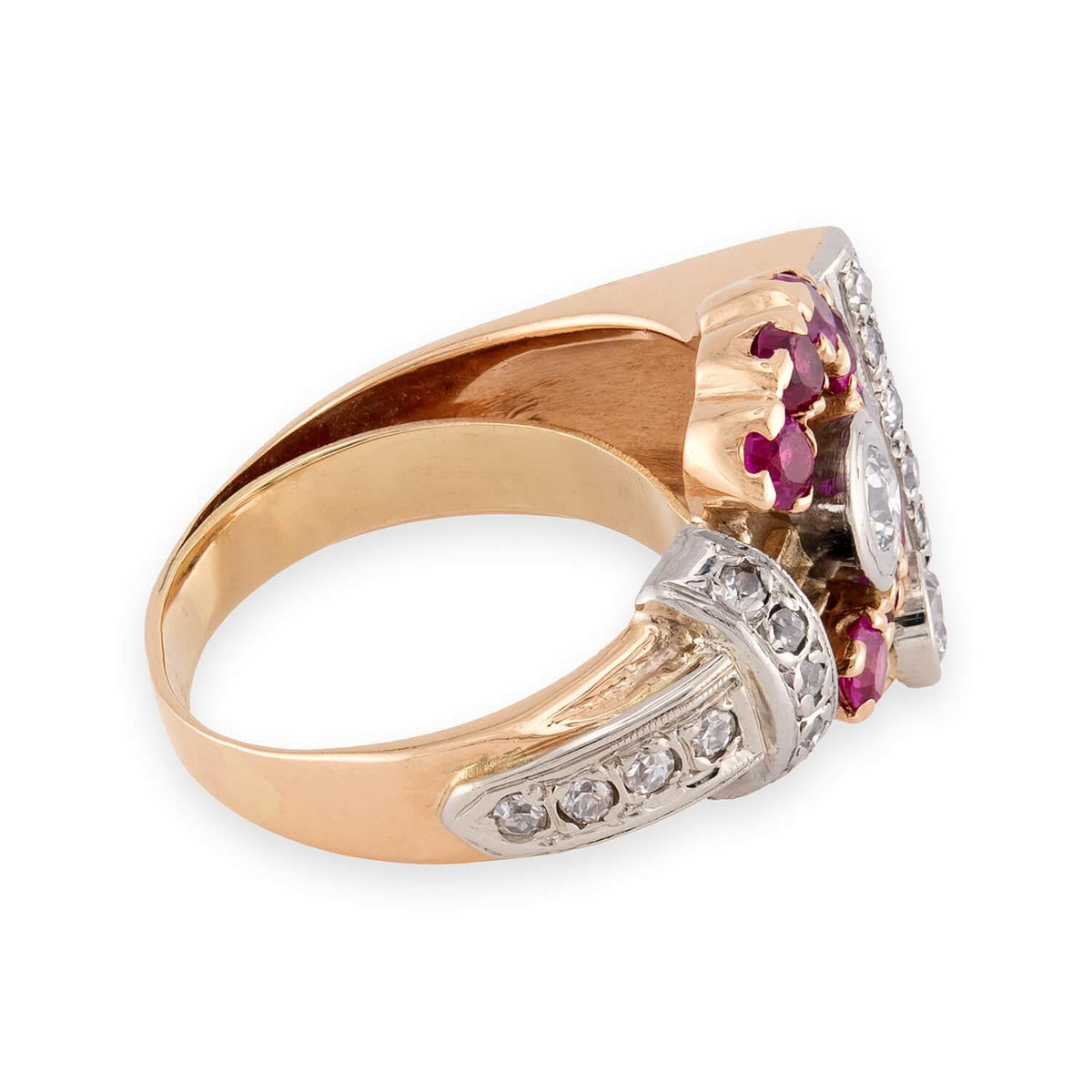 Retro 14k/Platinum Diamond & Ruby Buckle Ring