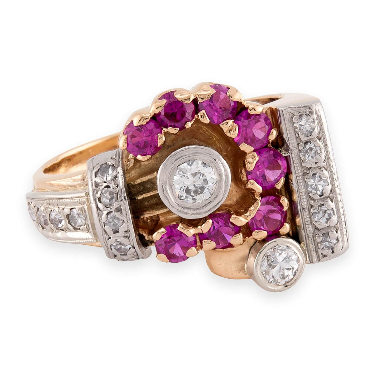 Retro 14k/Platinum Diamond & Ruby Buckle Ring