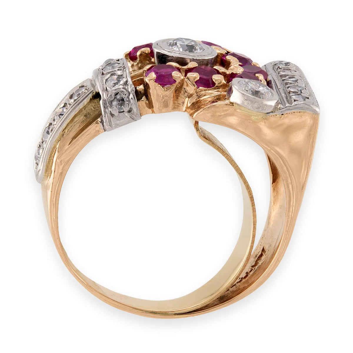 Retro 14k/Platinum Diamond & Ruby Buckle Ring