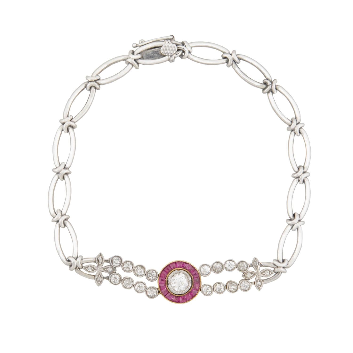 Edwardian 18k/Platinum Diamond and Ruby Halo Bracelet