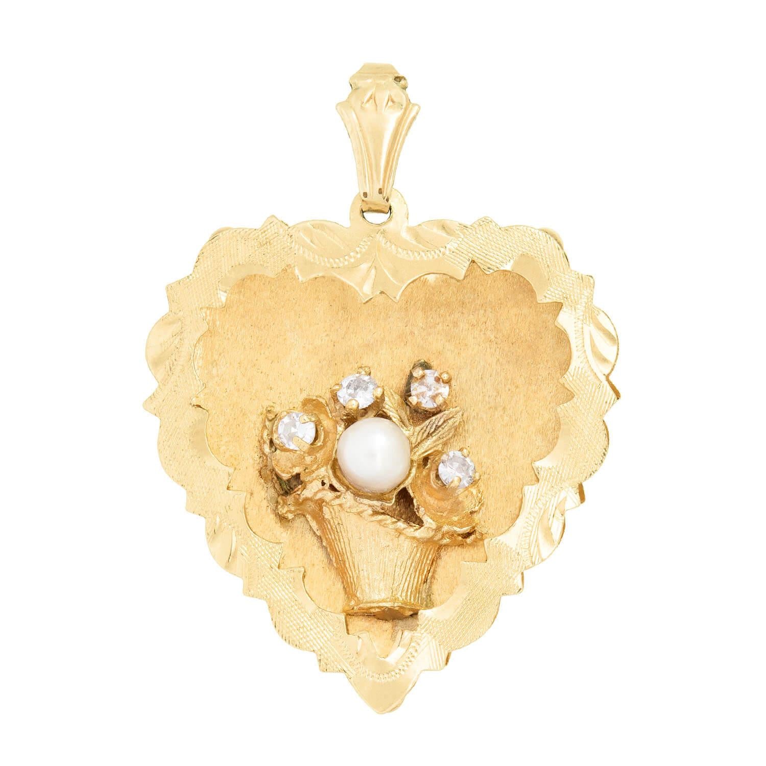 Vintage 14k Diamond and Pearl Flower Basket Heart Pendant