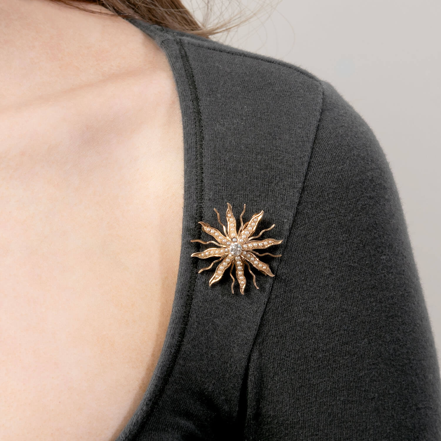 Victorian 14k Diamond & Pearl Sunburst Pin/Pendant