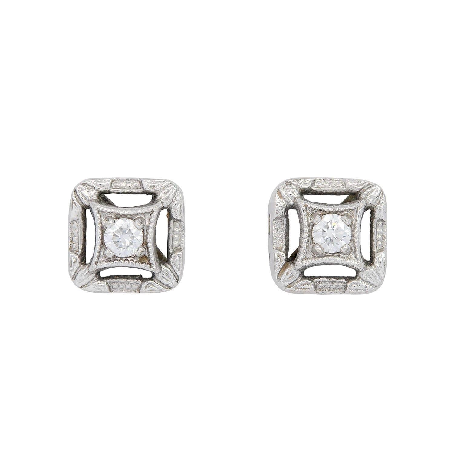 Art Deco 14k White Gold Diamond Stud Earrings