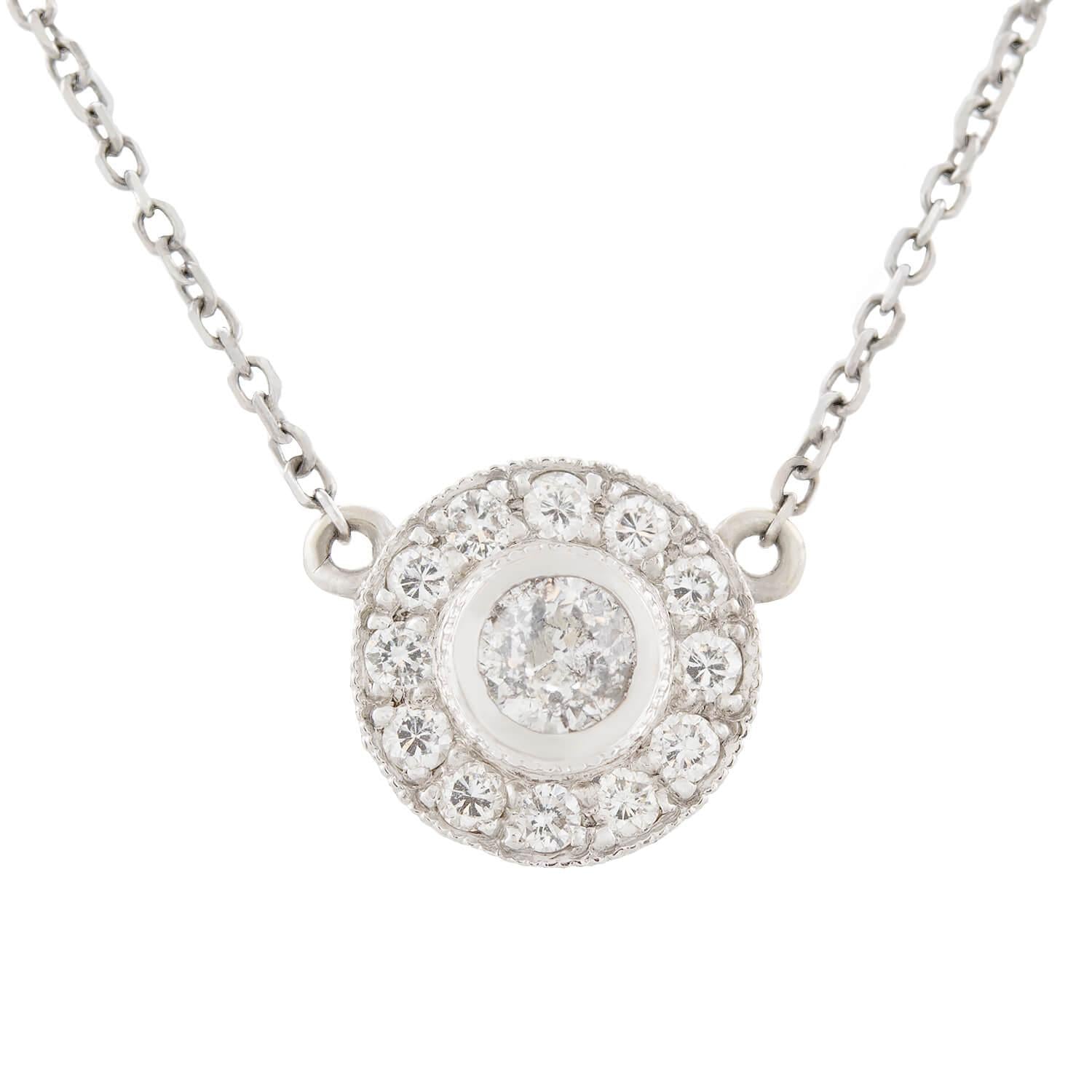 Estate 14k White Gold Diamond Halo Pendant Necklace