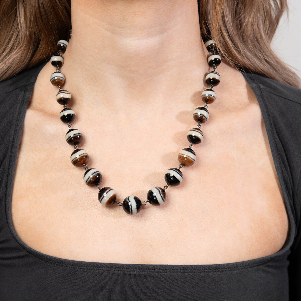 Victorian Sterling Silver Banded Agate Bead Necklace 20"