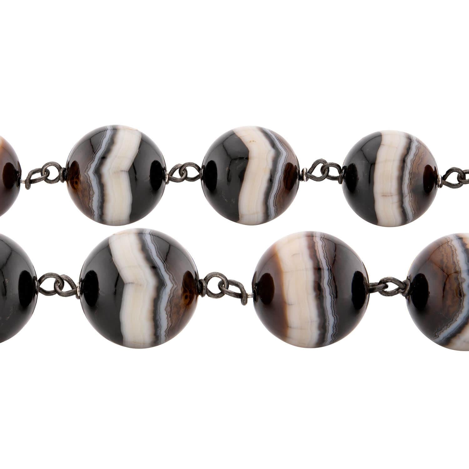 Victorian Sterling Silver Banded Agate Bead Necklace 20"