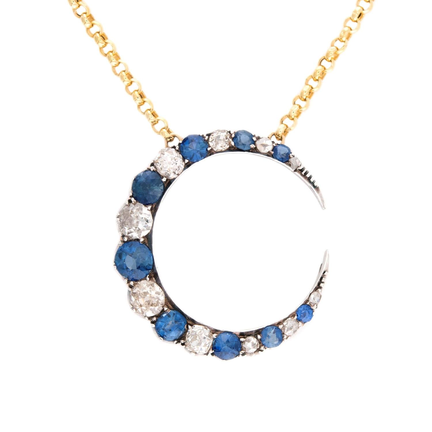 Victorian 18k/14k/Sterling Silver Sapphire & Diamond Crescent Pendant Necklace