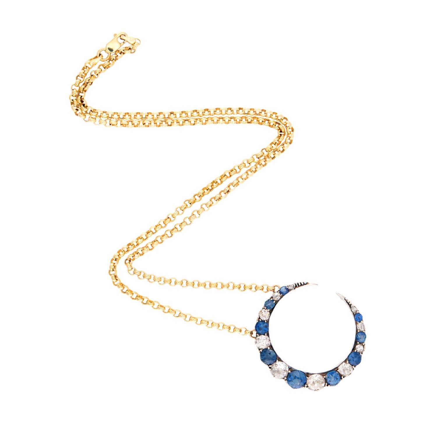 Victorian 18k/14k/Sterling Silver Sapphire & Diamond Crescent Pendant Necklace