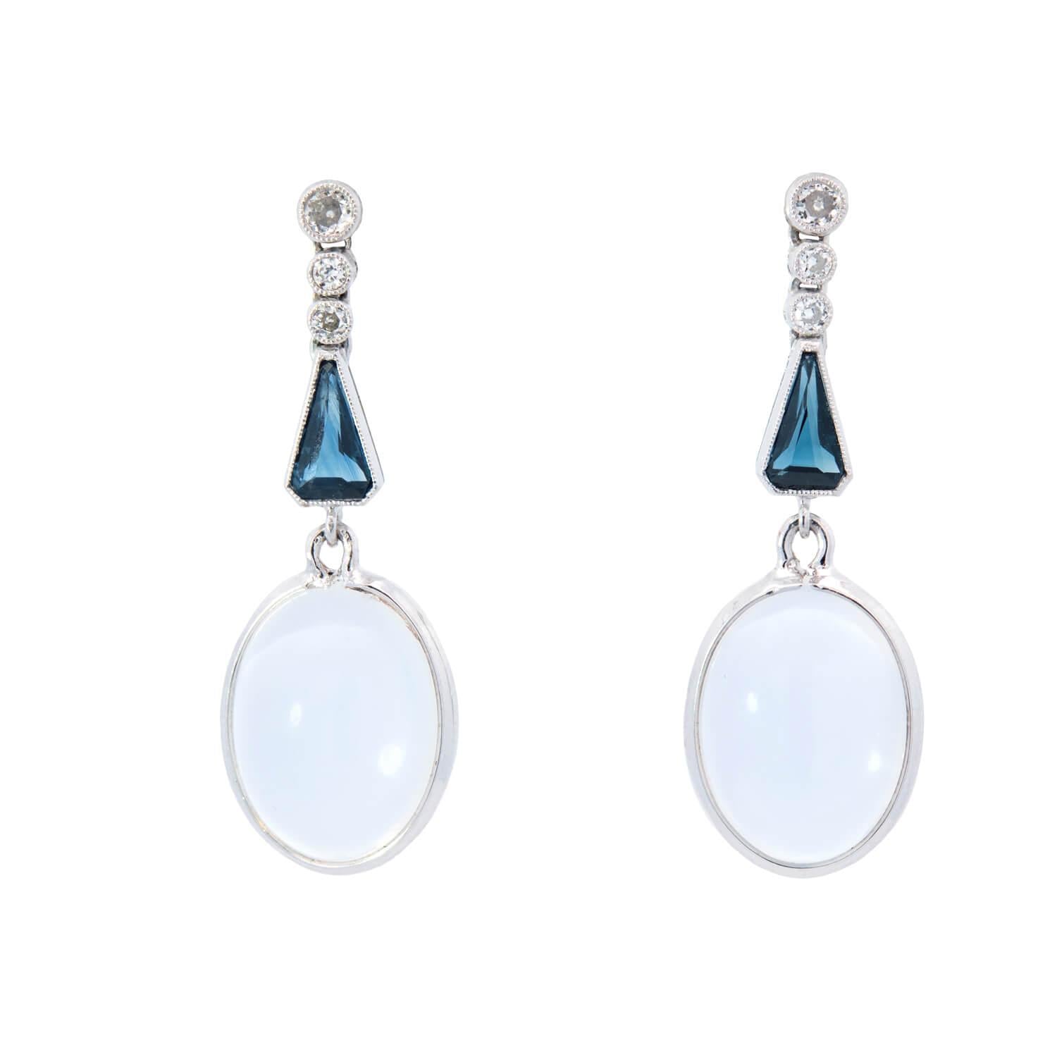 Art Deco Platinum Moonstone Sapphire Diamond Earring