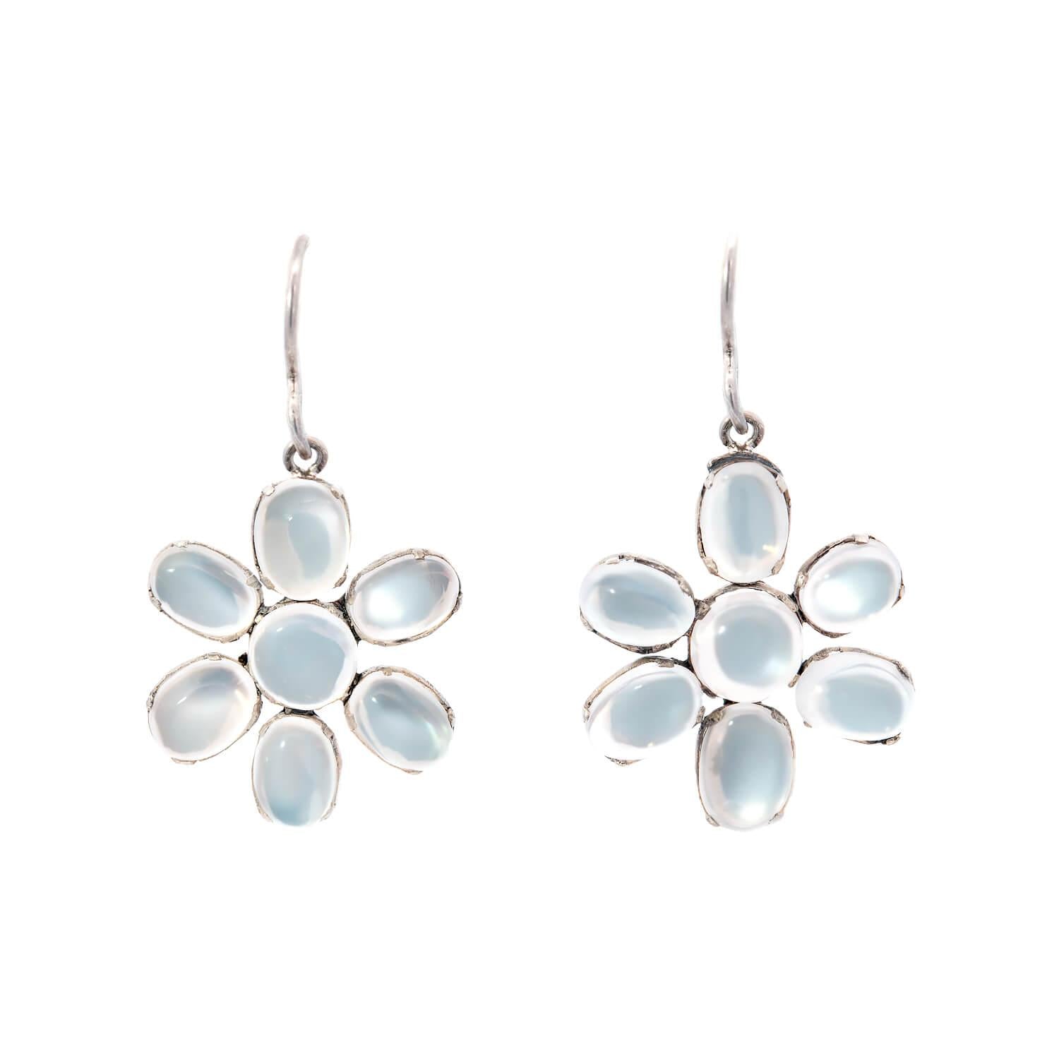 Retro Sterling Silver Moonstone Flower Cluster Earrings