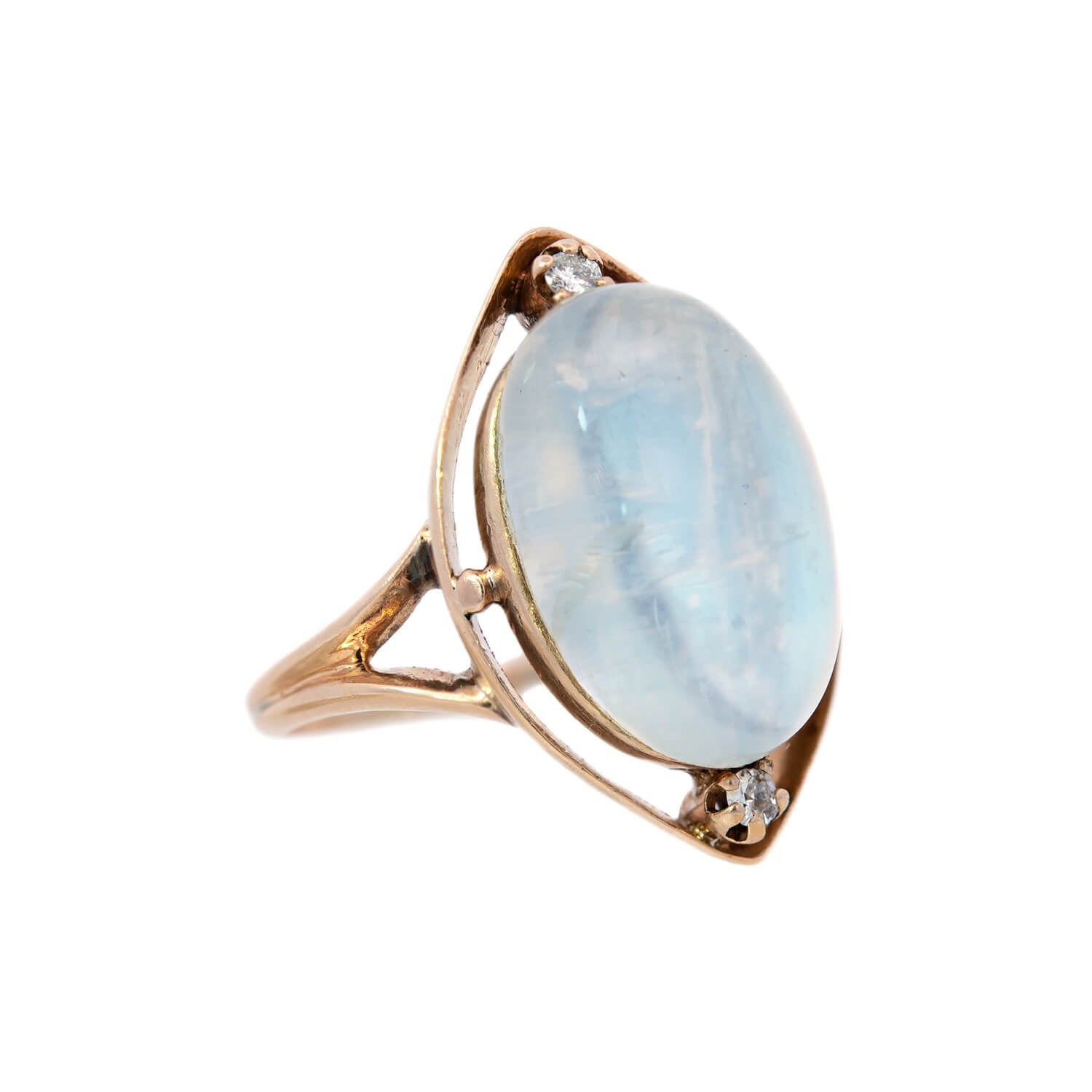 Arts & Crafts 12k Rose Gold Moonstone + Diamond Ring