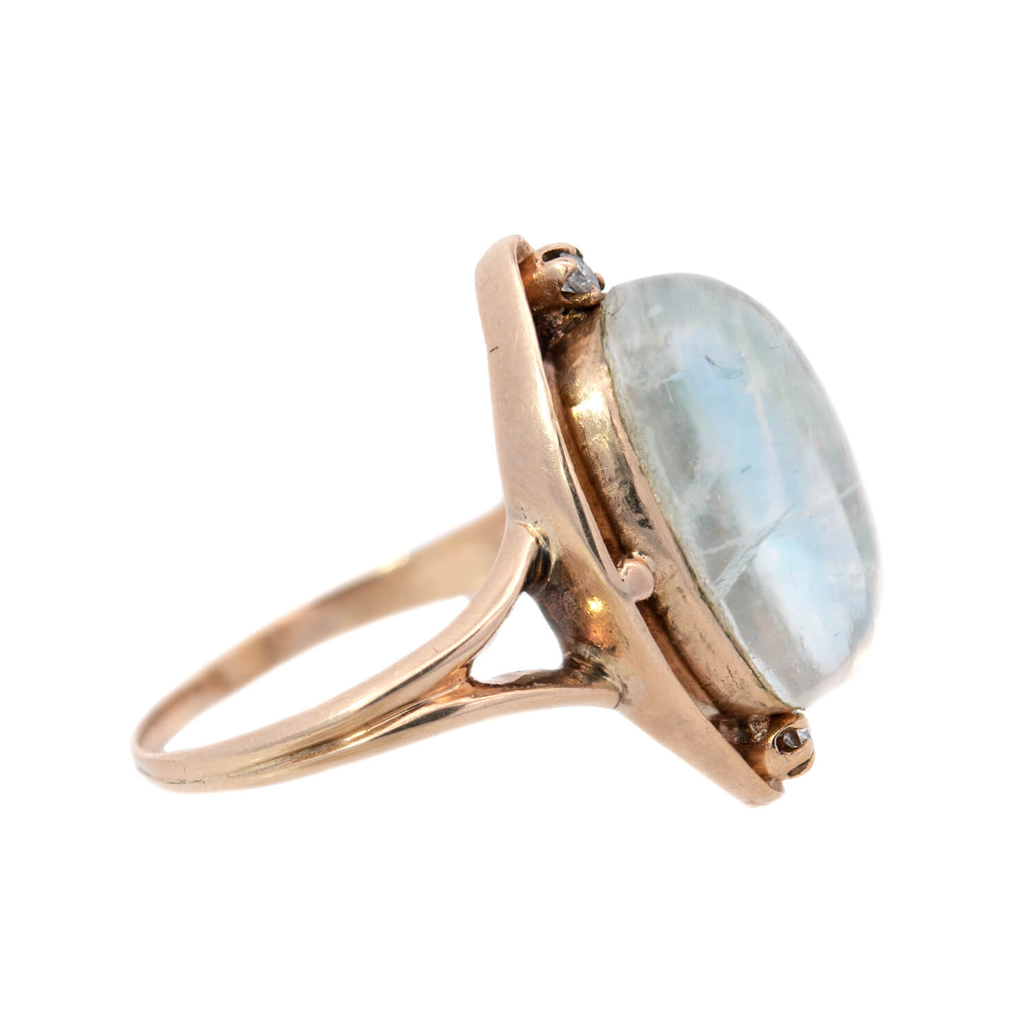 Arts & Crafts 12k Rose Gold Moonstone + Diamond Ring