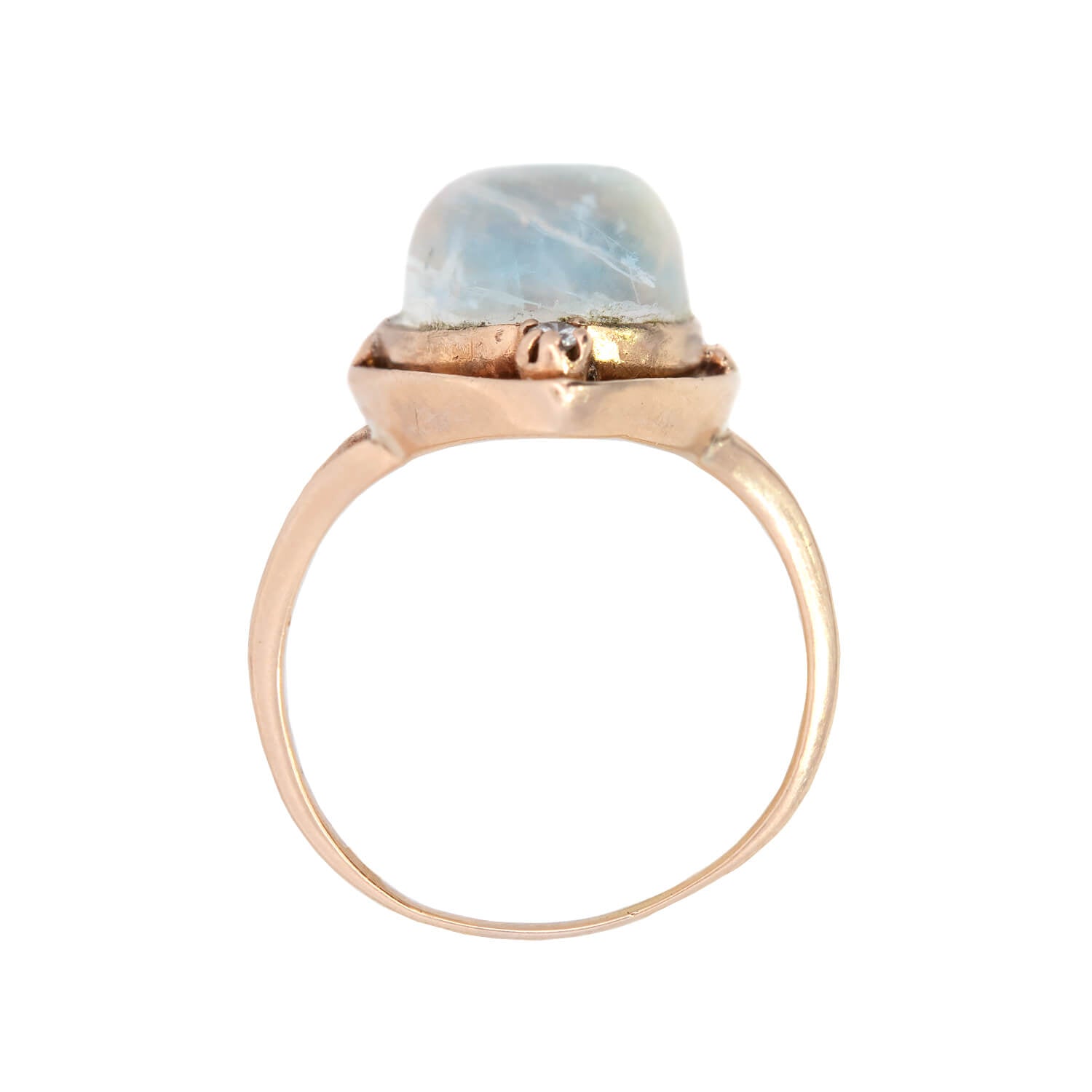 Arts & Crafts 12k Rose Gold Moonstone + Diamond Ring