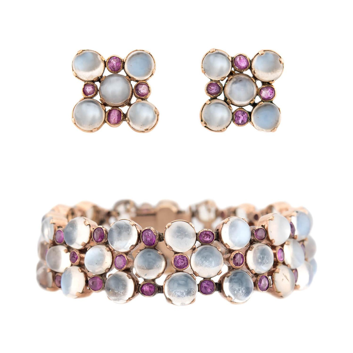 Retro 14k Moonstone and Sapphire Earring and Bracelet Set