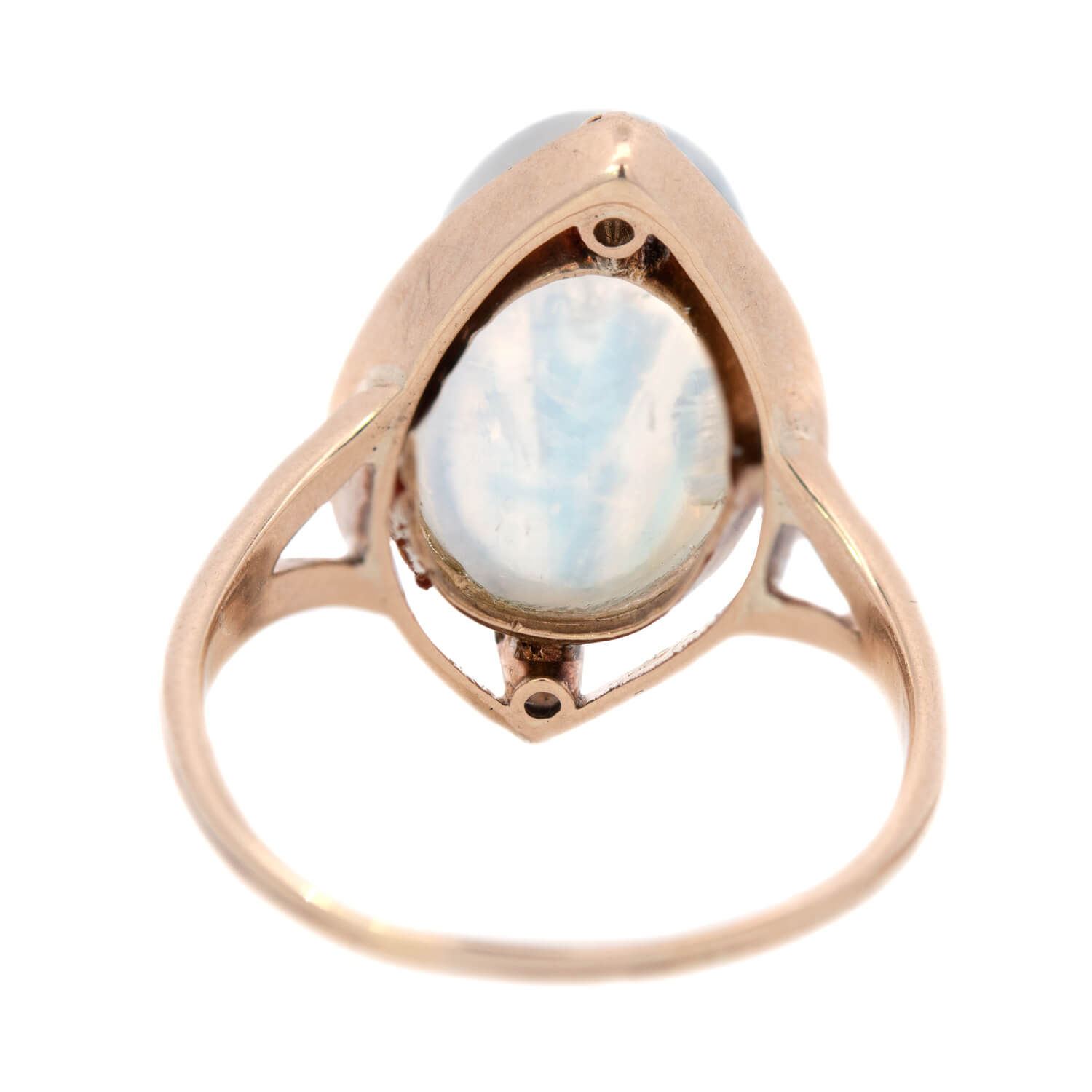 Arts & Crafts 12k Rose Gold Moonstone + Diamond Ring